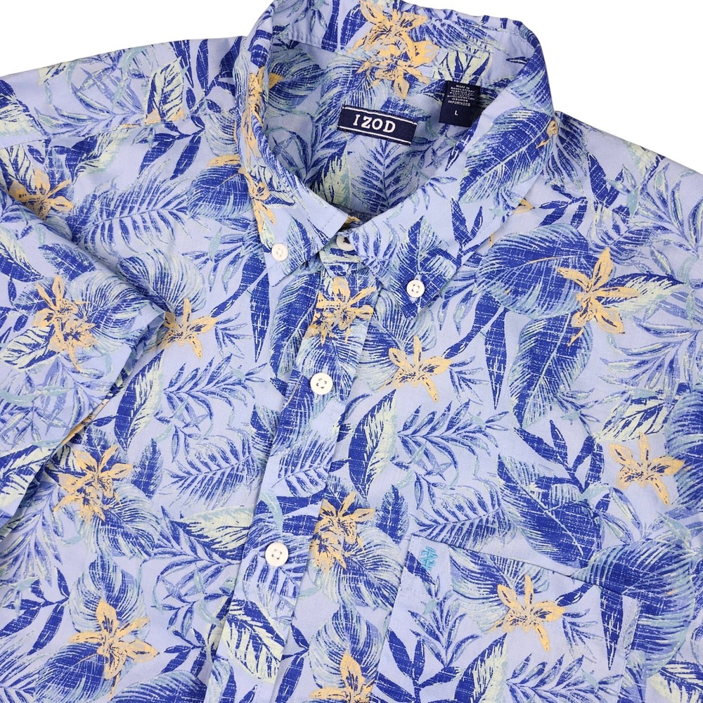 IZOD Button Down Hawaiian Shirt Mens Large Blue Floral Tropical Coastal Vacation